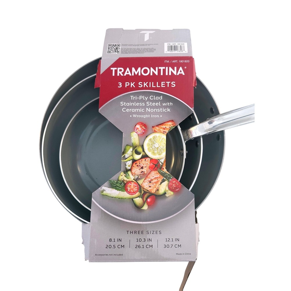 Tramontina Grey Tri-Ply Clad Ceramic Nonstick 3 PK Skillets 8/10/12in NEW